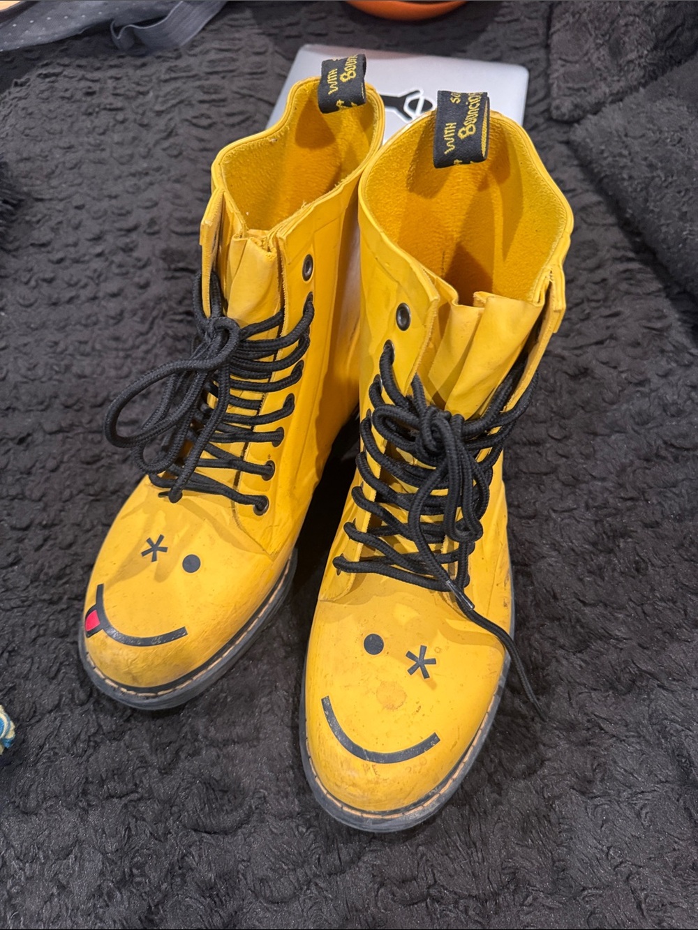 Dr. Martens Yellow Smiley Combat Boots with Black Laces